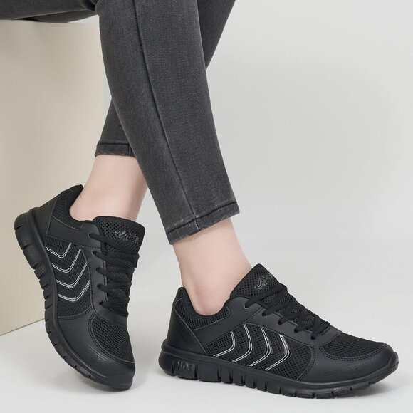 Womens Sneakers Fashion Walking Casual Lightweight Black Tennis Shoes - Picture 4 of 5